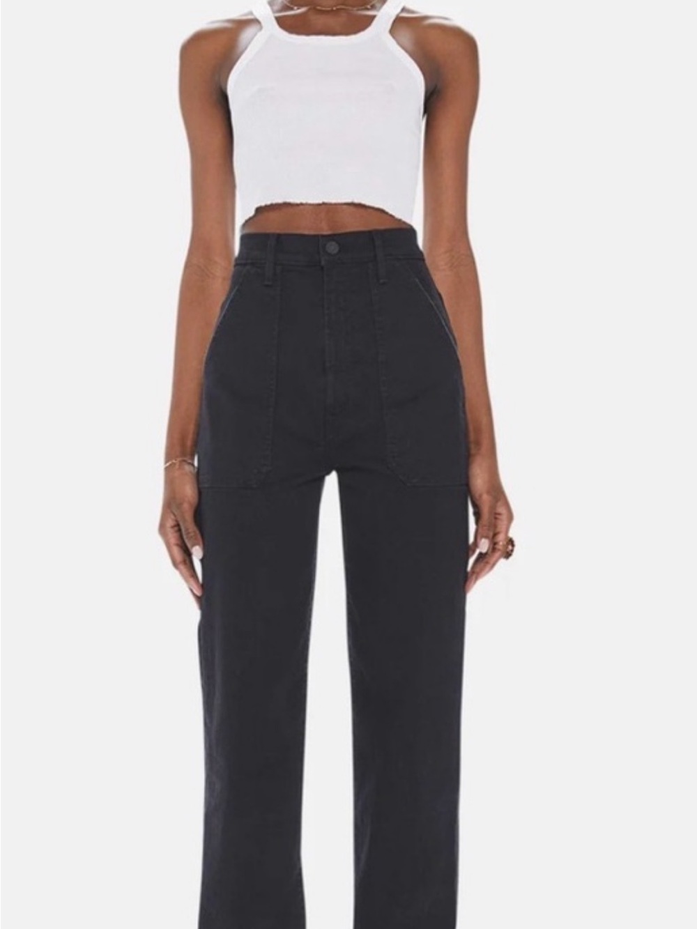 MOTHER wrapped patch springy ankle High-Rise Black Cropped Straight Jean